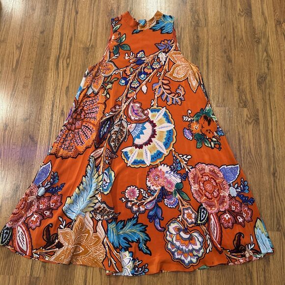 Anthro Maeve Dress Womens Medium Larkhill Orange Floral 100% Silk Swing Midi - Picture 1 of 11